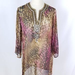 NWT Chico's Embellished Animal Print Tunic Womens Size 8 1 Pink Brown Split Neck